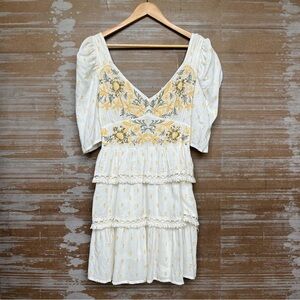 Anthropologie Mahila Tiered Floral Embroidered Mini Dress Preppy Boho Womens S